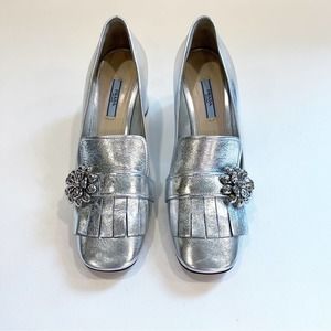 Prada Ornament-Embellished Silver Loafer Block Heel EU 40